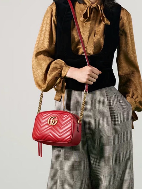 Gucci Handbags - Gucci Red GG Marmont Chevron Crossbody Bag with Gold Hardware